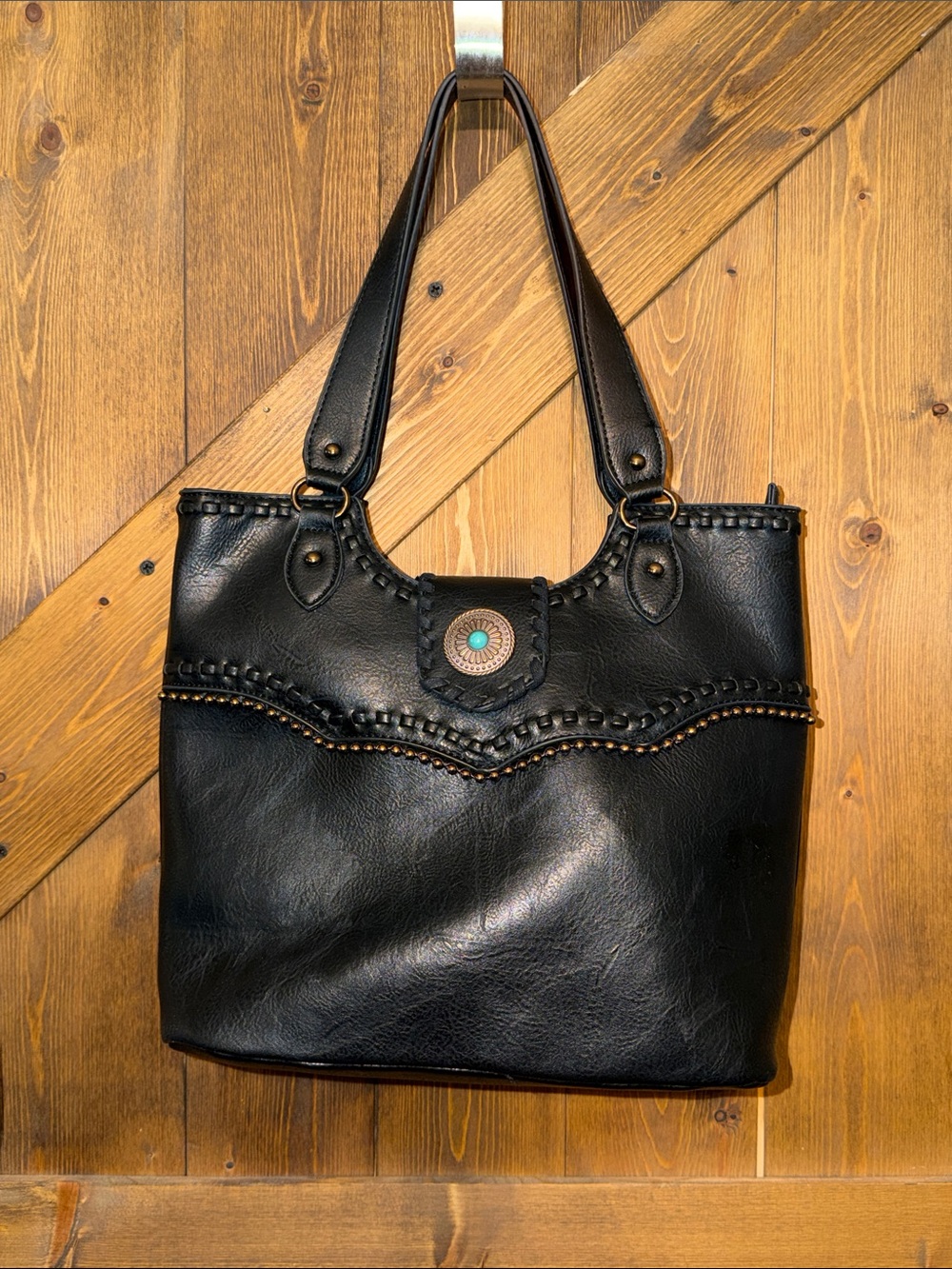 Sam & Hadley Black Leather Tote with Turquoise Accent - Women Bags